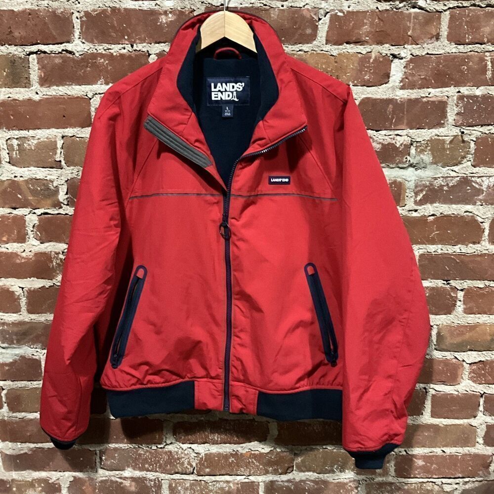 Lands End Squall Jacket Red Nylon Bomber Full Zip Men Size L